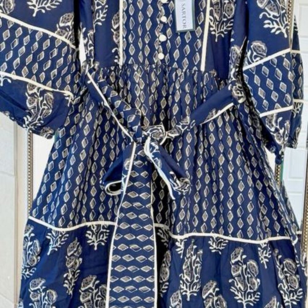 Sue Sartor Navy Printed Long Sleeve Tiered Dress
